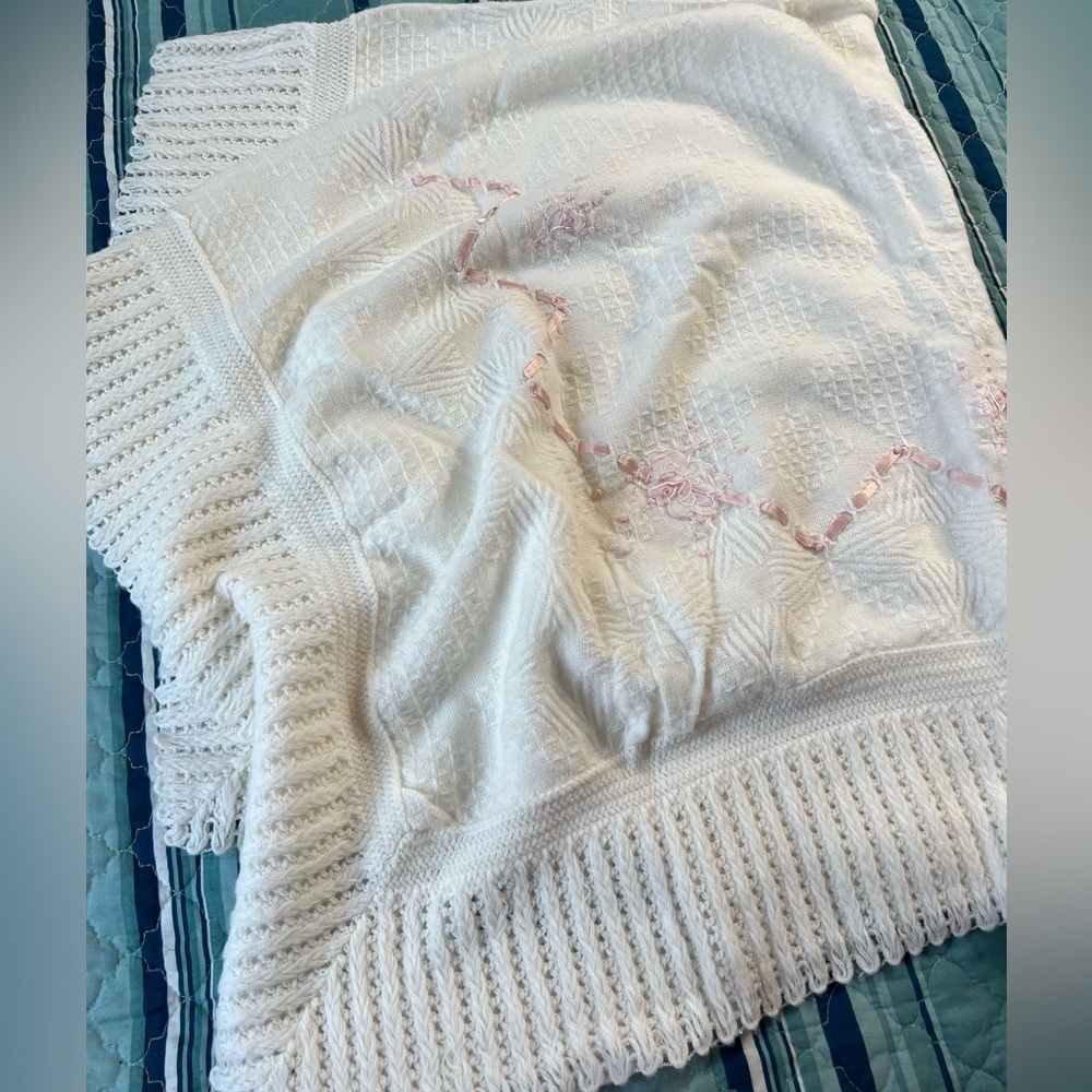 Vntge Lacey Acrylic Cradle Knit Baby Blanket Lace 36 inches Wide X 46 inches